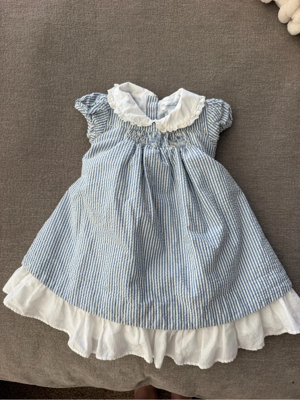 Ralph Lauren Blue & White Striped Smocked Dress with Ruffle Collar 9M